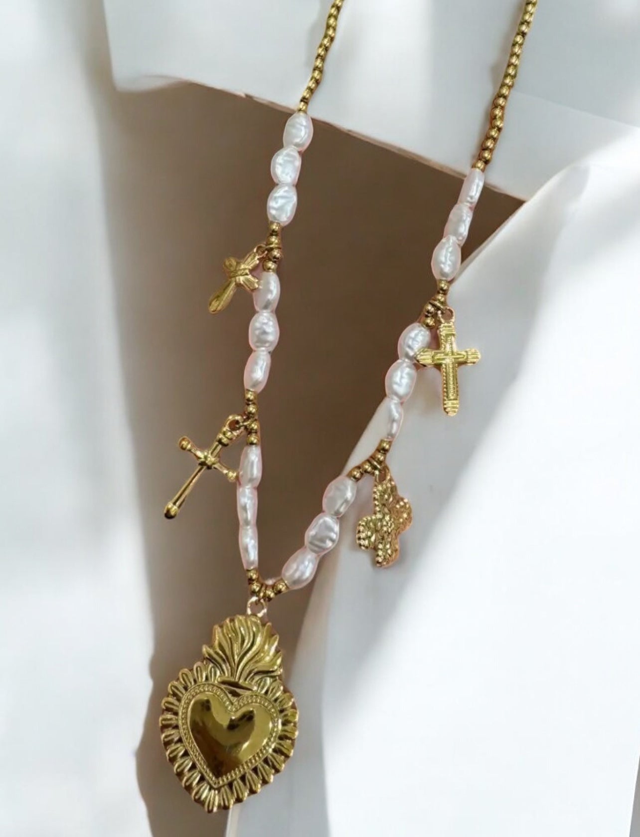 Collana perle cuore e fede